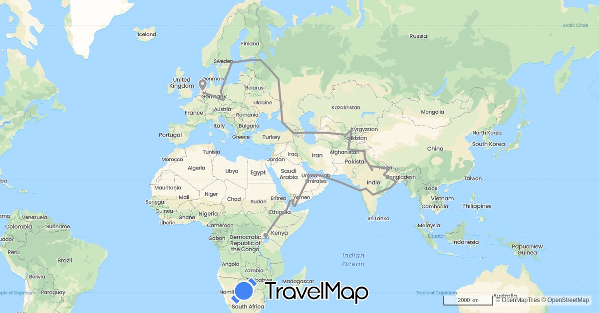 TravelMap itinerary: driving, plane in United Arab Emirates, Afghanistan, Armenia, Azerbaijan, Czech Republic, Germany, Ethiopia, India, Netherlands, Nepal, Qatar, Russia, Sweden, Uganda, Uzbekistan, Yemen (Africa, Asia, Europe)